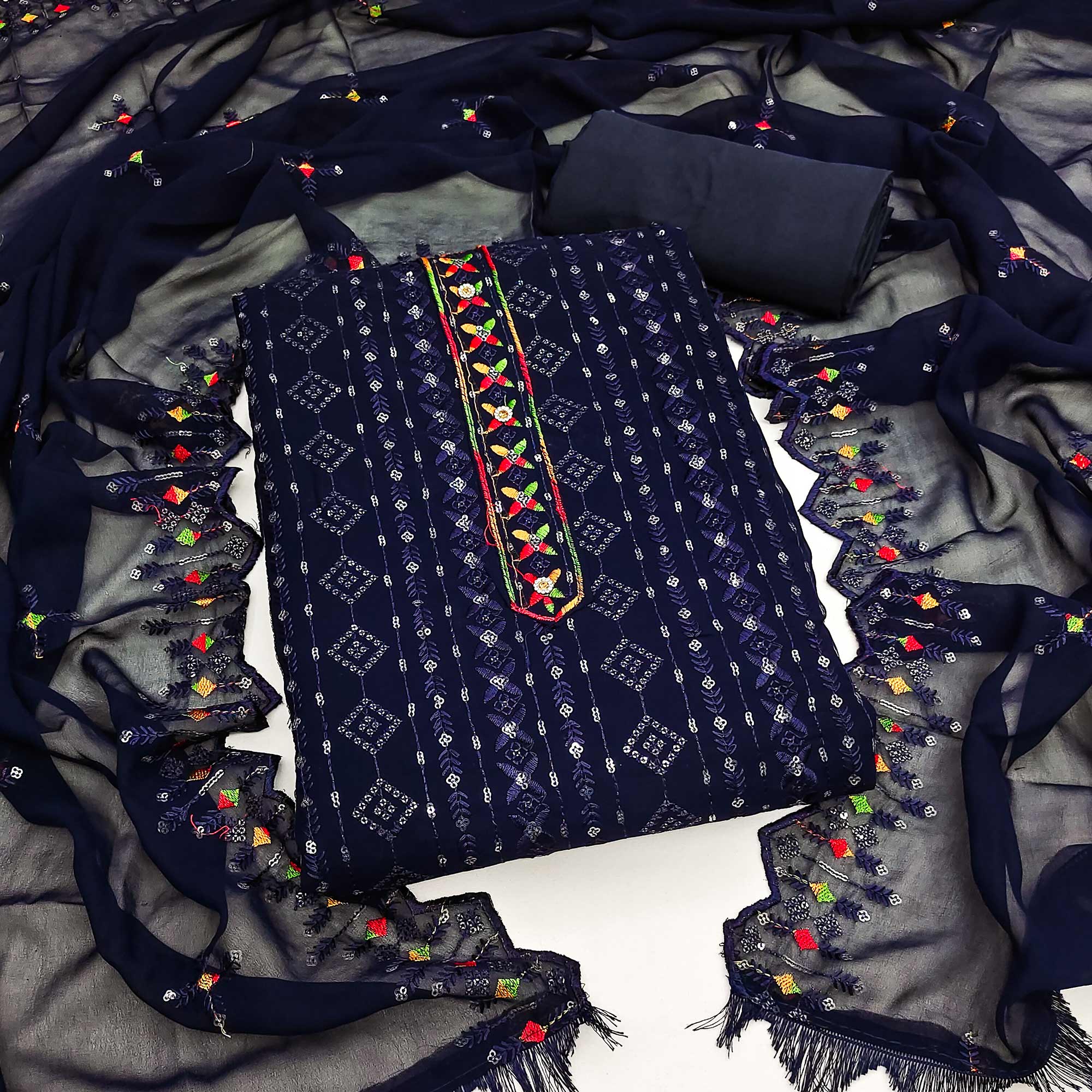Blue Sequins Embroidered Georgette Dress Material