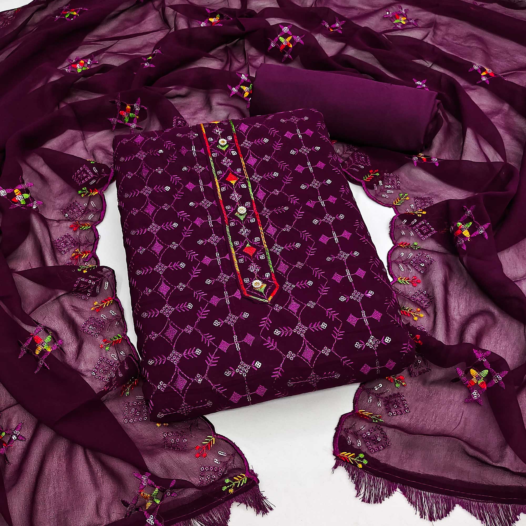 Purple Sequins Embroidered Georgette Dress Material