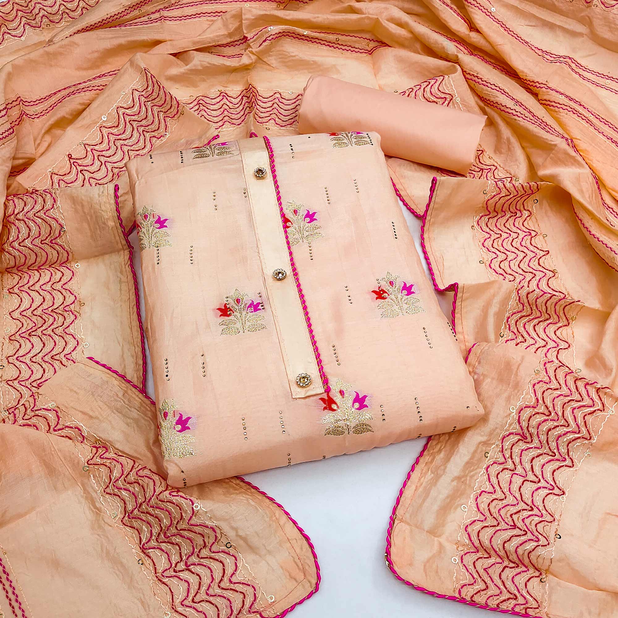 Peach Woven Banarasi Silk Dress Material
