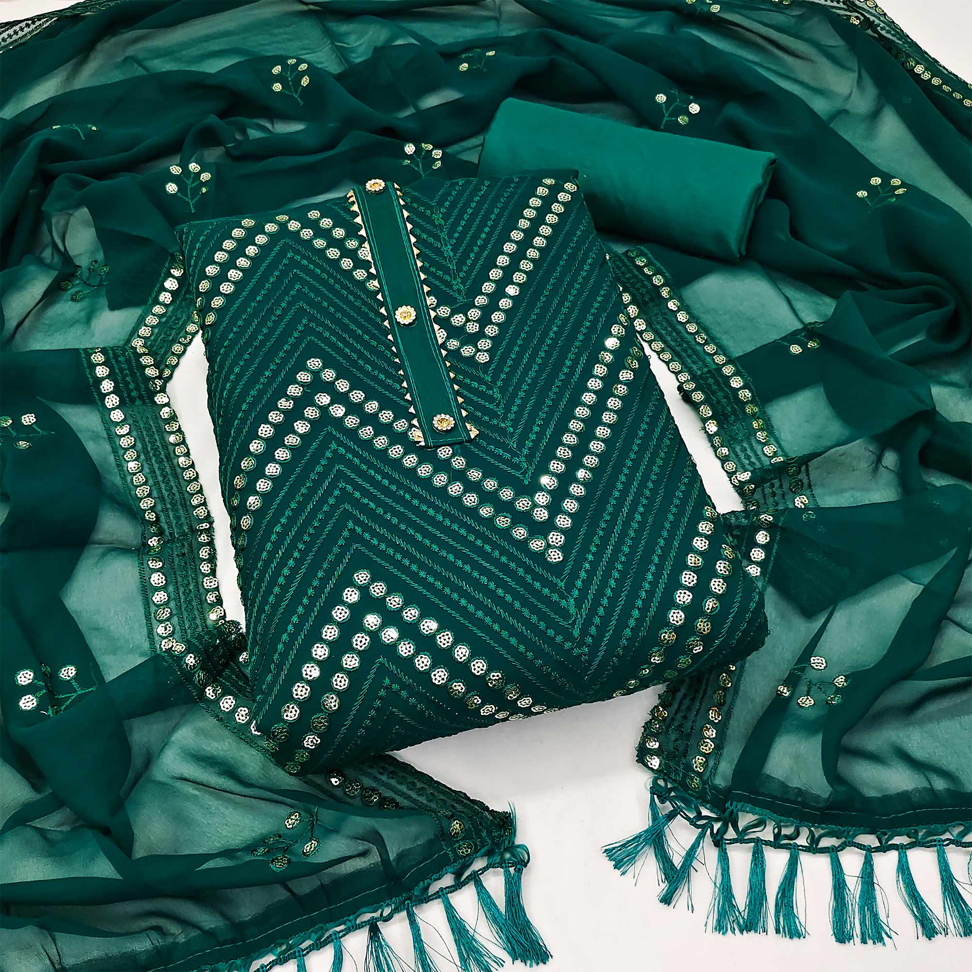 Green Sequins Embroidered Georgette Dress Material