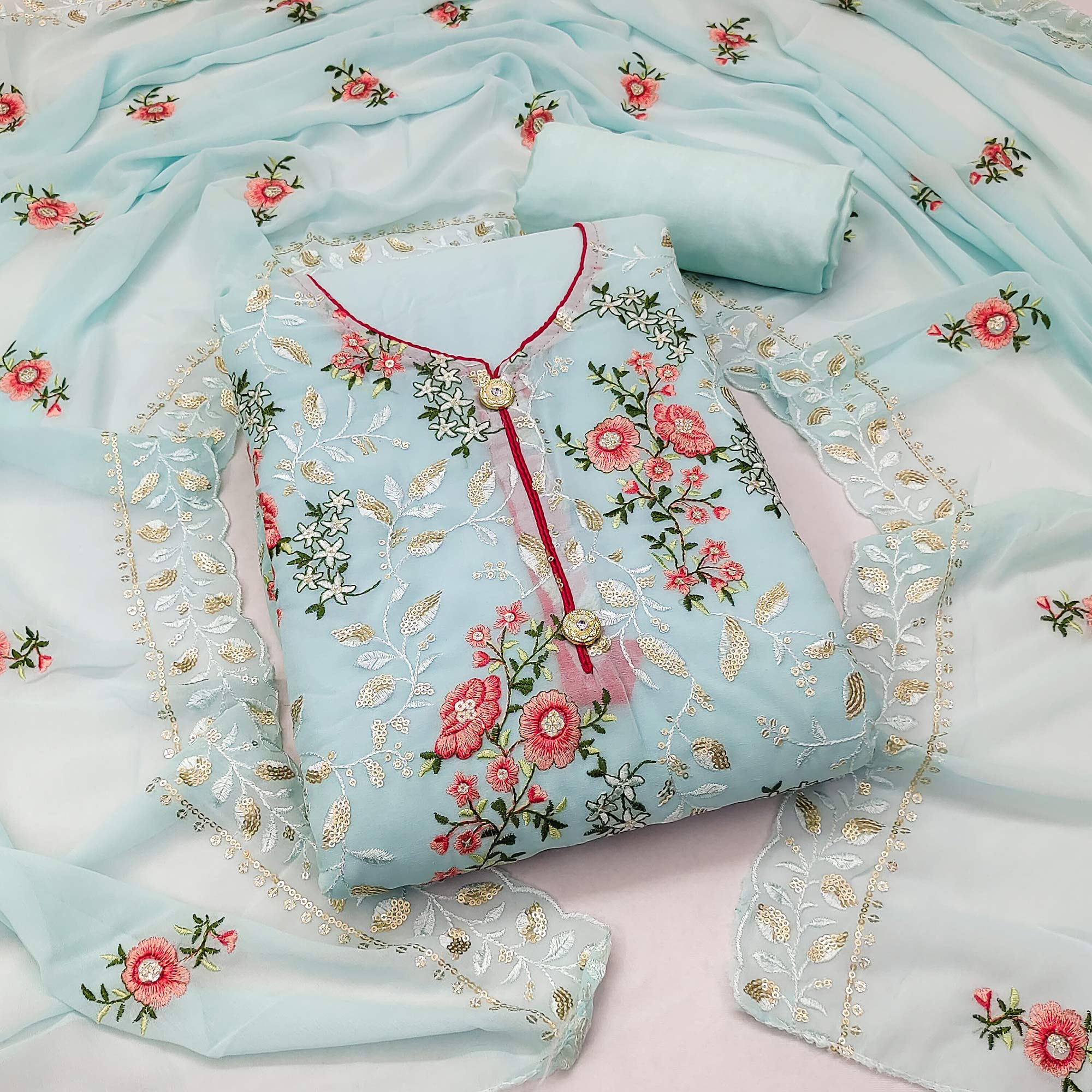 Blue Sequins Embroidered Georgette Dress Material