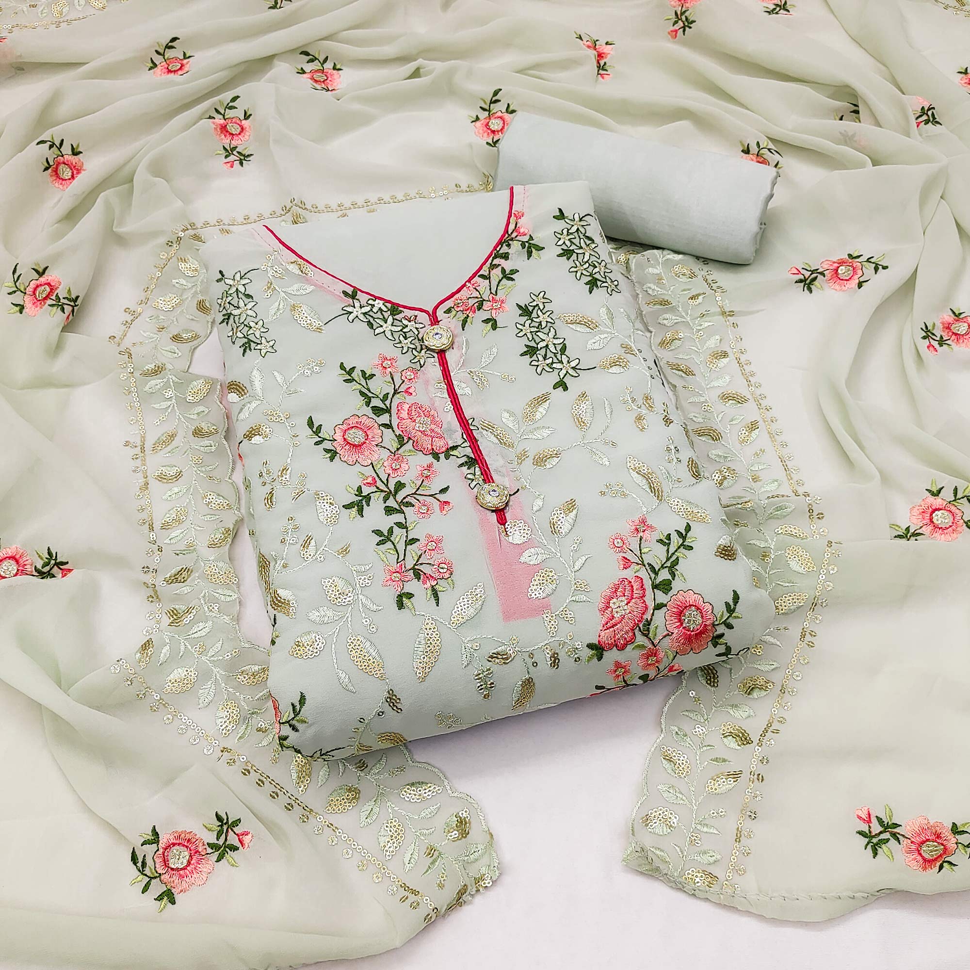 Off White Sequins Embroidered Georgette Dress Material