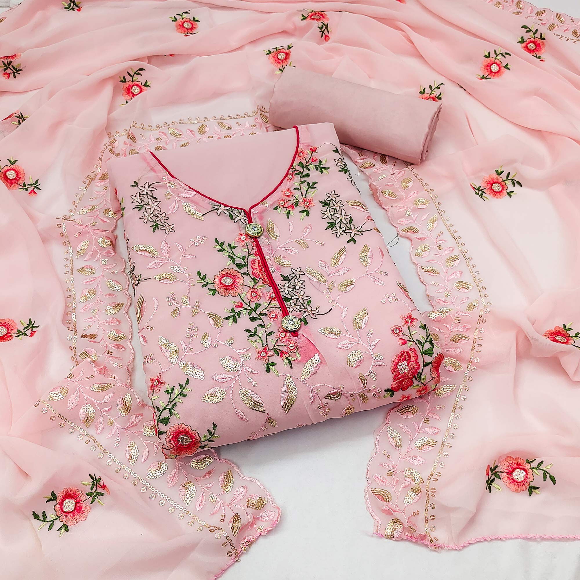 Pink Sequins Embroidered Georgette Dress Material