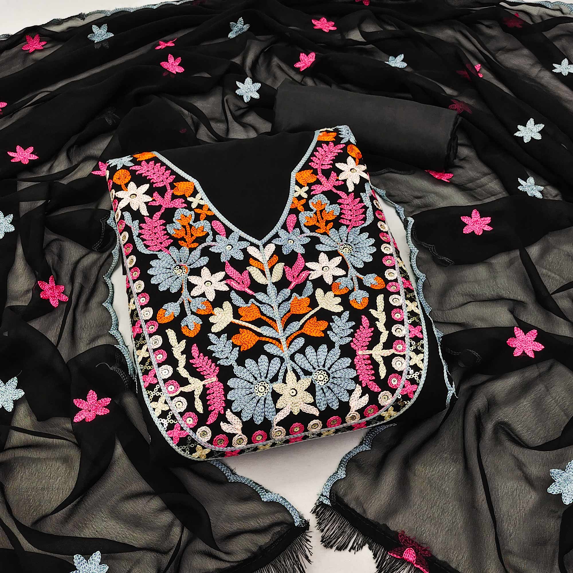 Black Floral Embroidered Georgette Dress Material