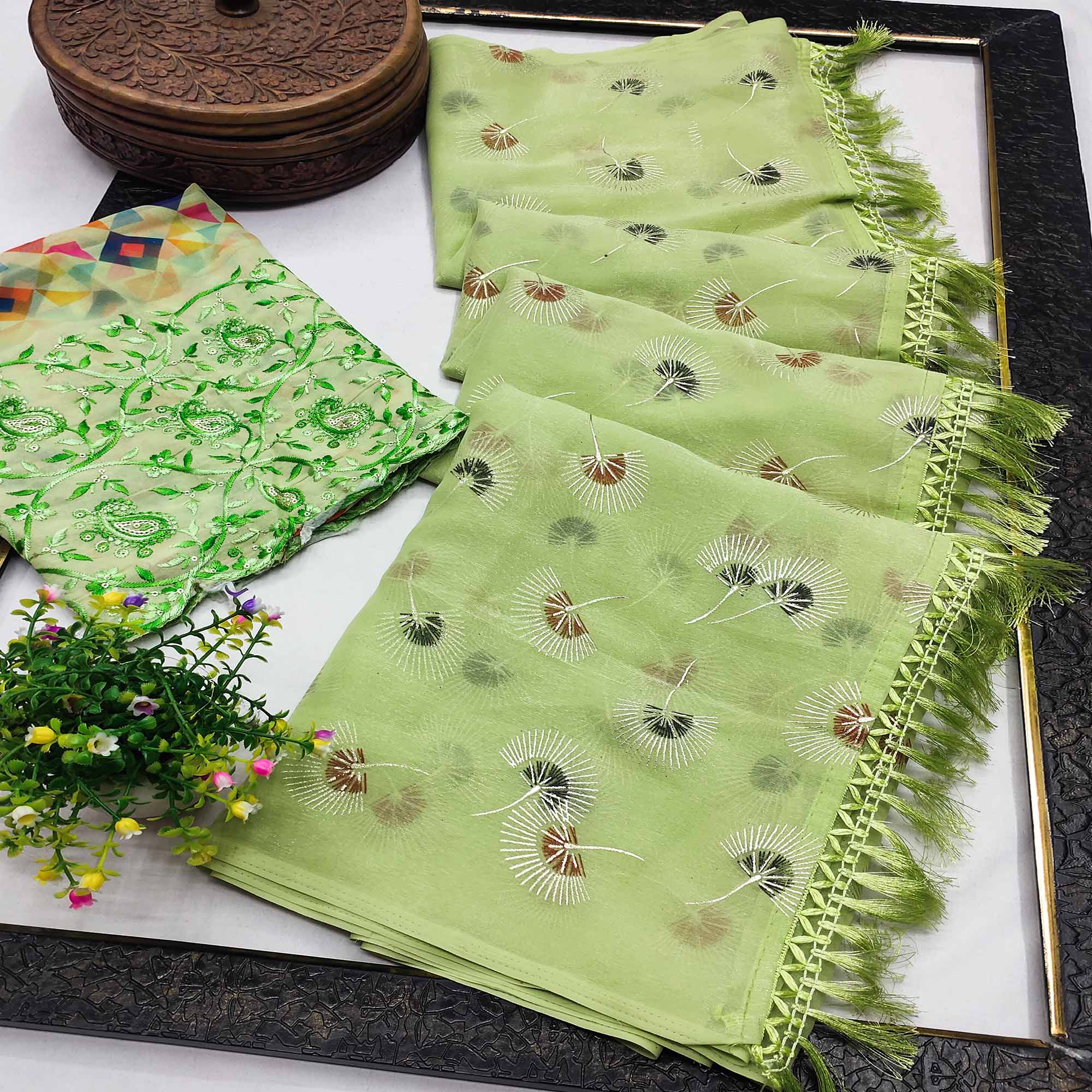 Green Floral Embroidered Chiffon Saree