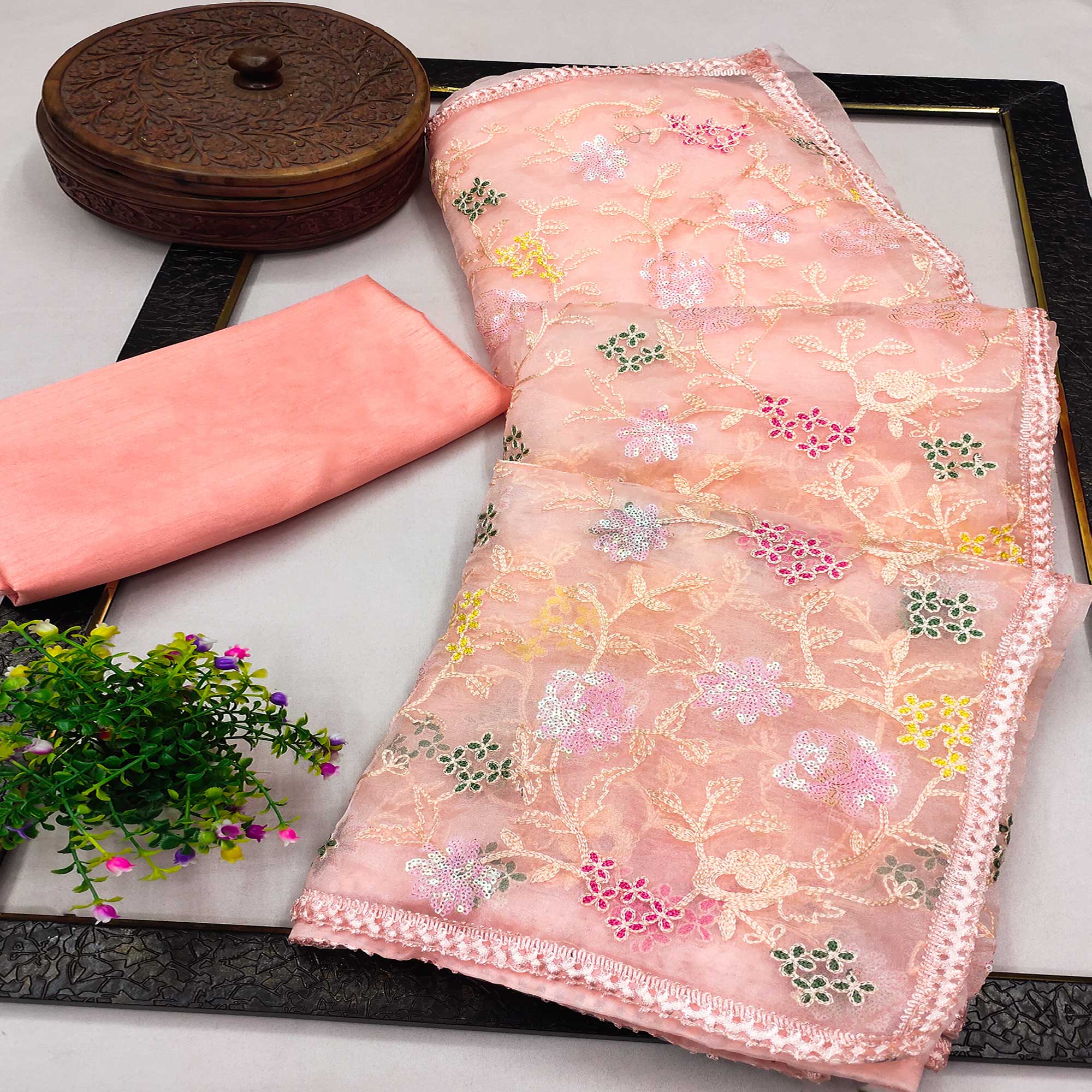 Peach Floral Embroidered Organza Saree