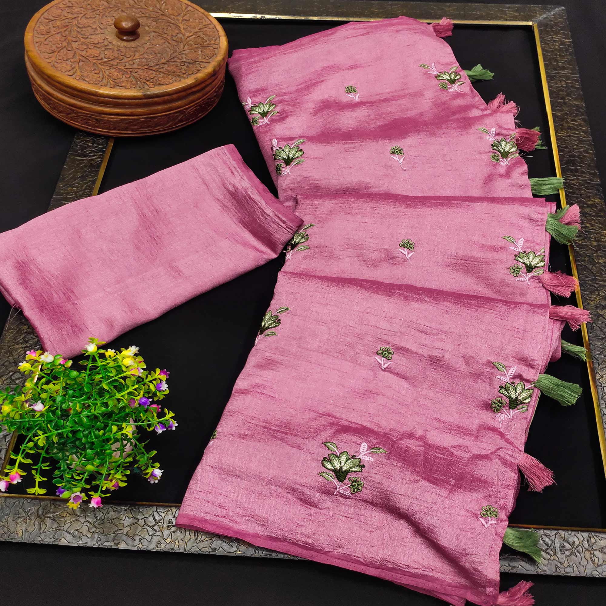Pink Floral Embroidered Vichitra Silk Saree