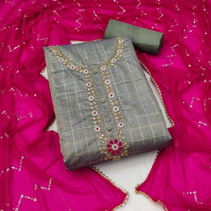 Grey Embroidered Chanderi Dress Material