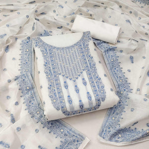 White & Blue Floral Woven Muslin Dress Material
