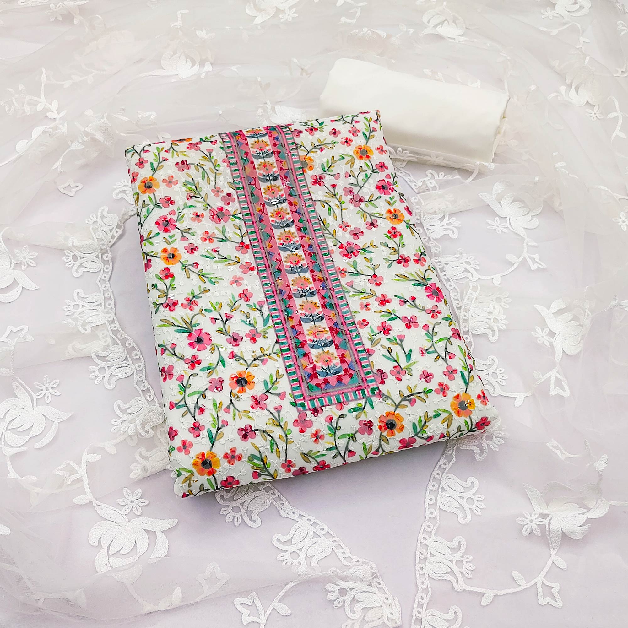 Off White Floral Embroidered Georgette Dress Material