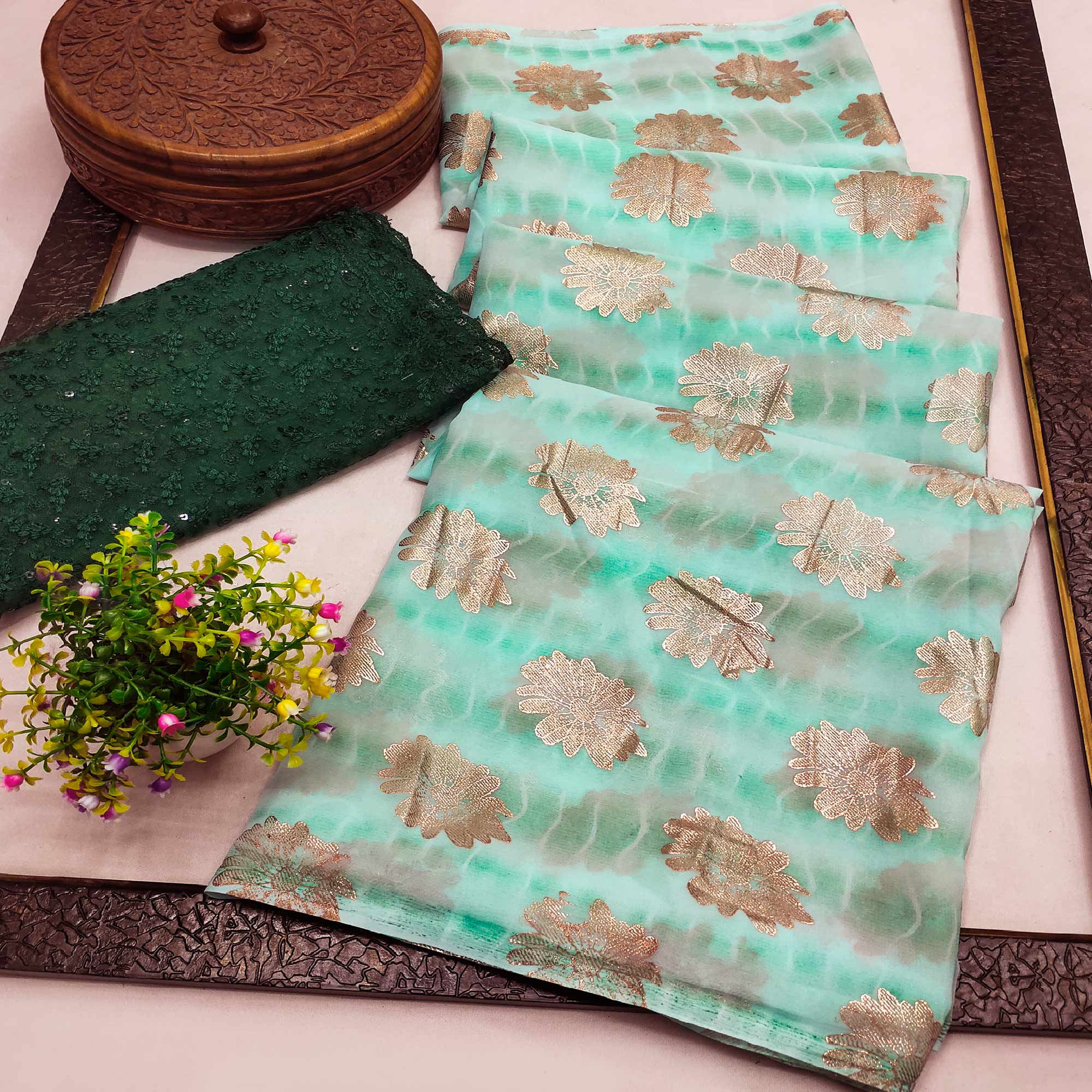 Sea Green Floral Foil Printed Georgette Saree