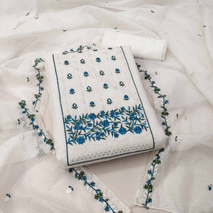 White & Teal Blue Floral Sequins Embroidered Kota Doria Dress Material