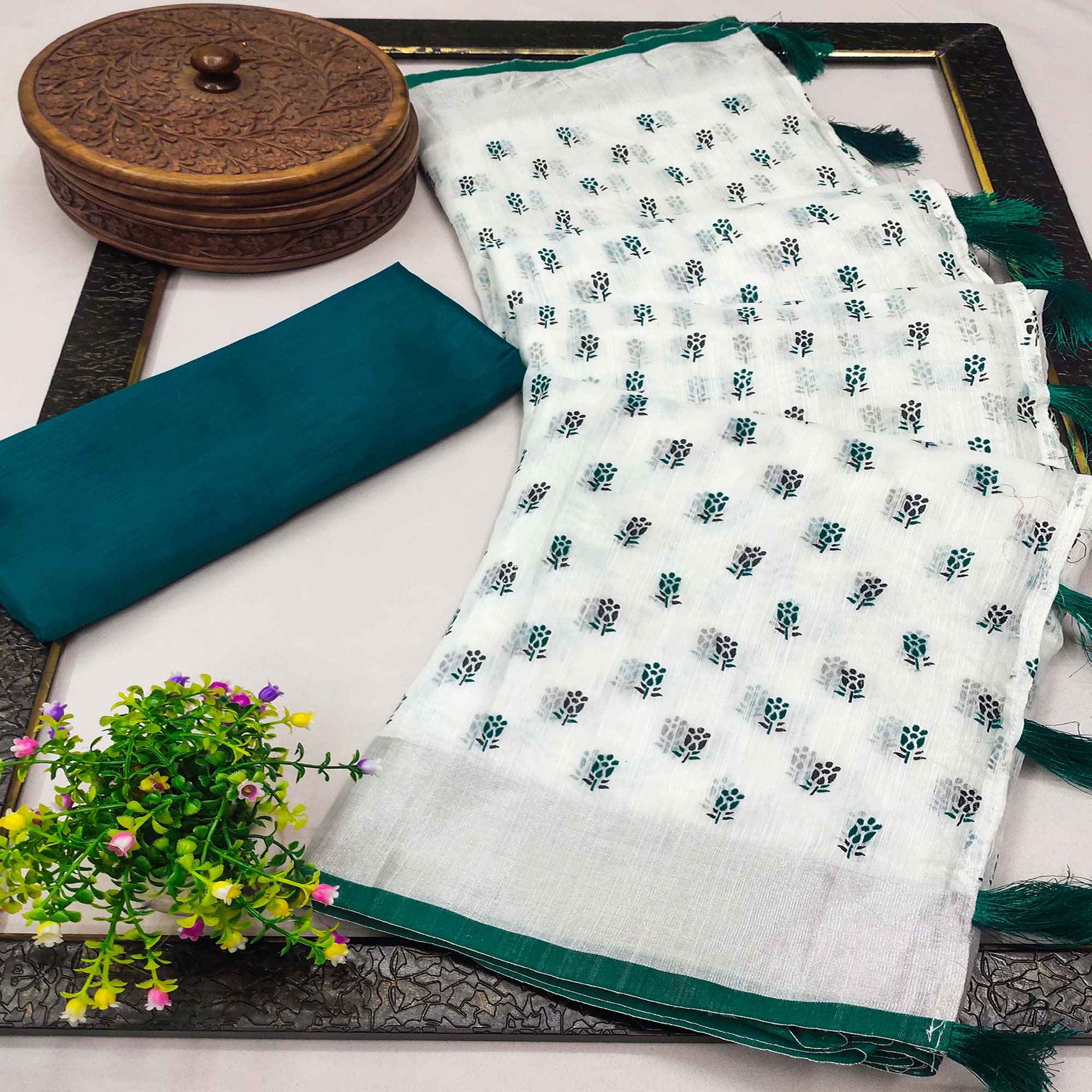 White & Teal Green Floral Printed Linen Saree With Tassels