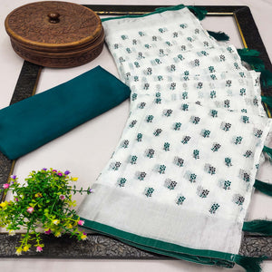 White & Teal Green Floral Printed Linen Saree With Tassels