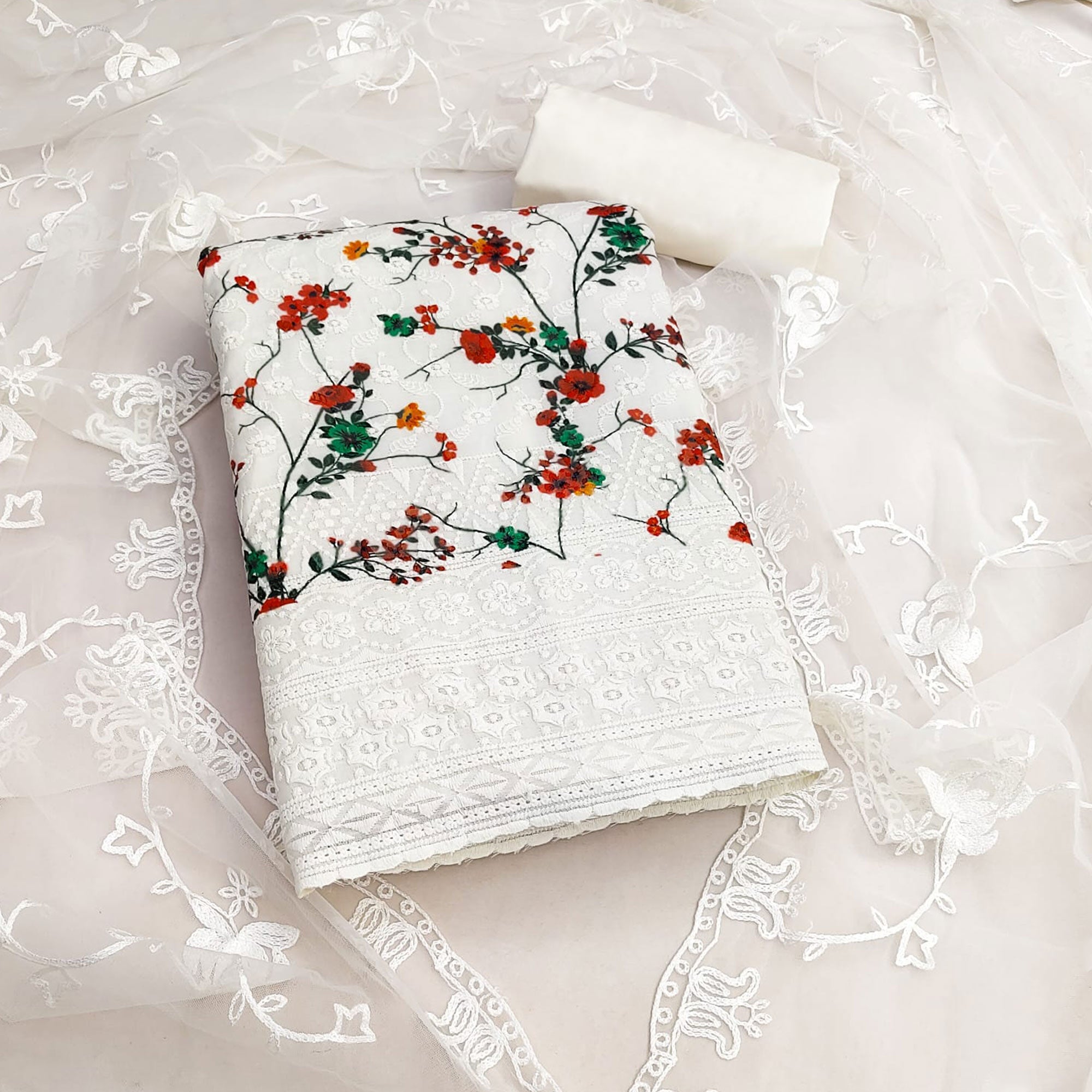 Off White Lucknowi With Embroidered Cotton Blend Dress Material