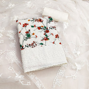 Off White Lucknowi With Embroidered Cotton Blend Dress Material