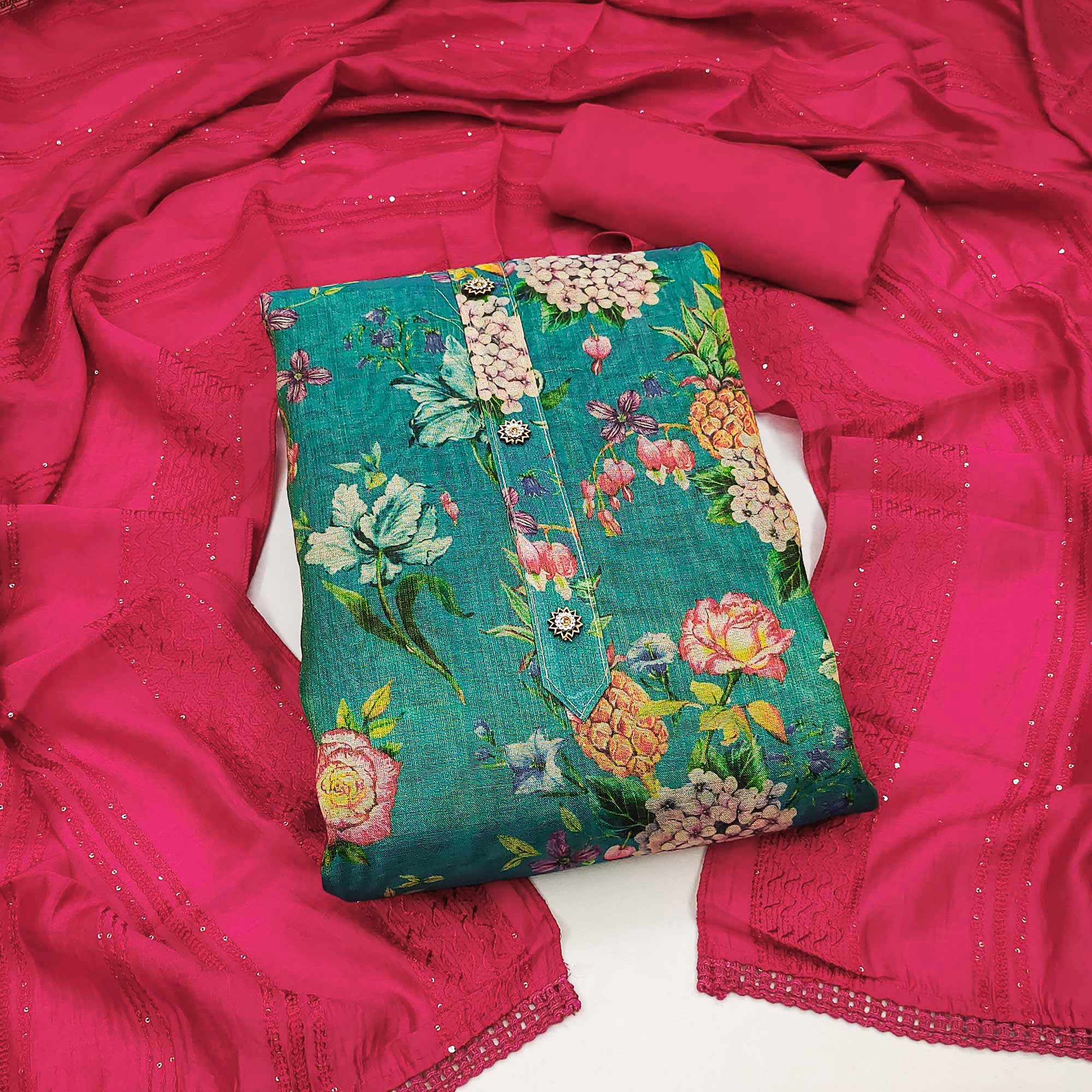 Sea Green Floral Printed Cotton Silk Dress Material