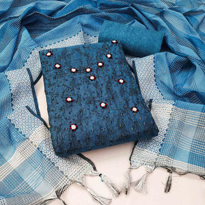 Blue Embroidered Pure Cotton Dress Material