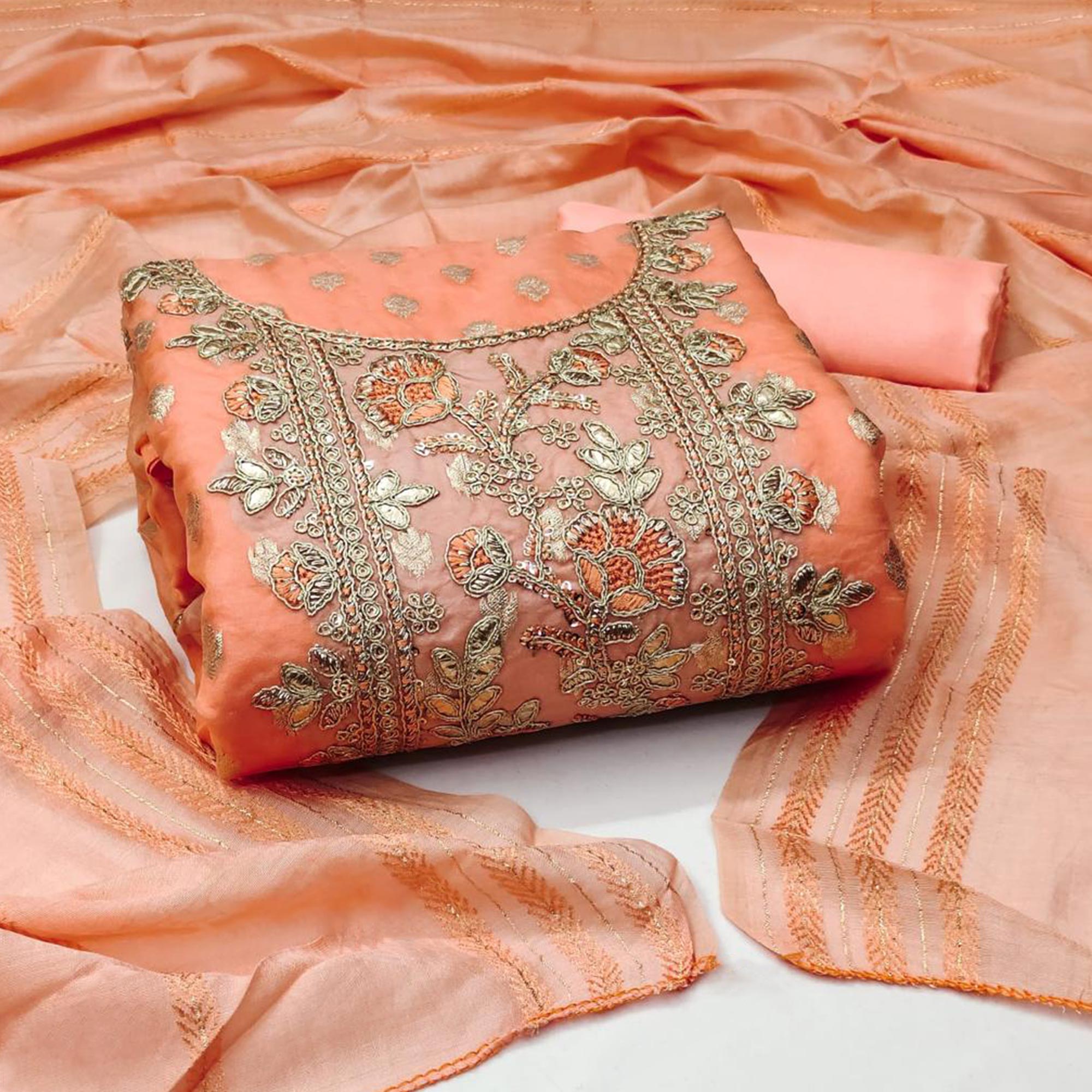 Orange Woven Jacquard Dress Material