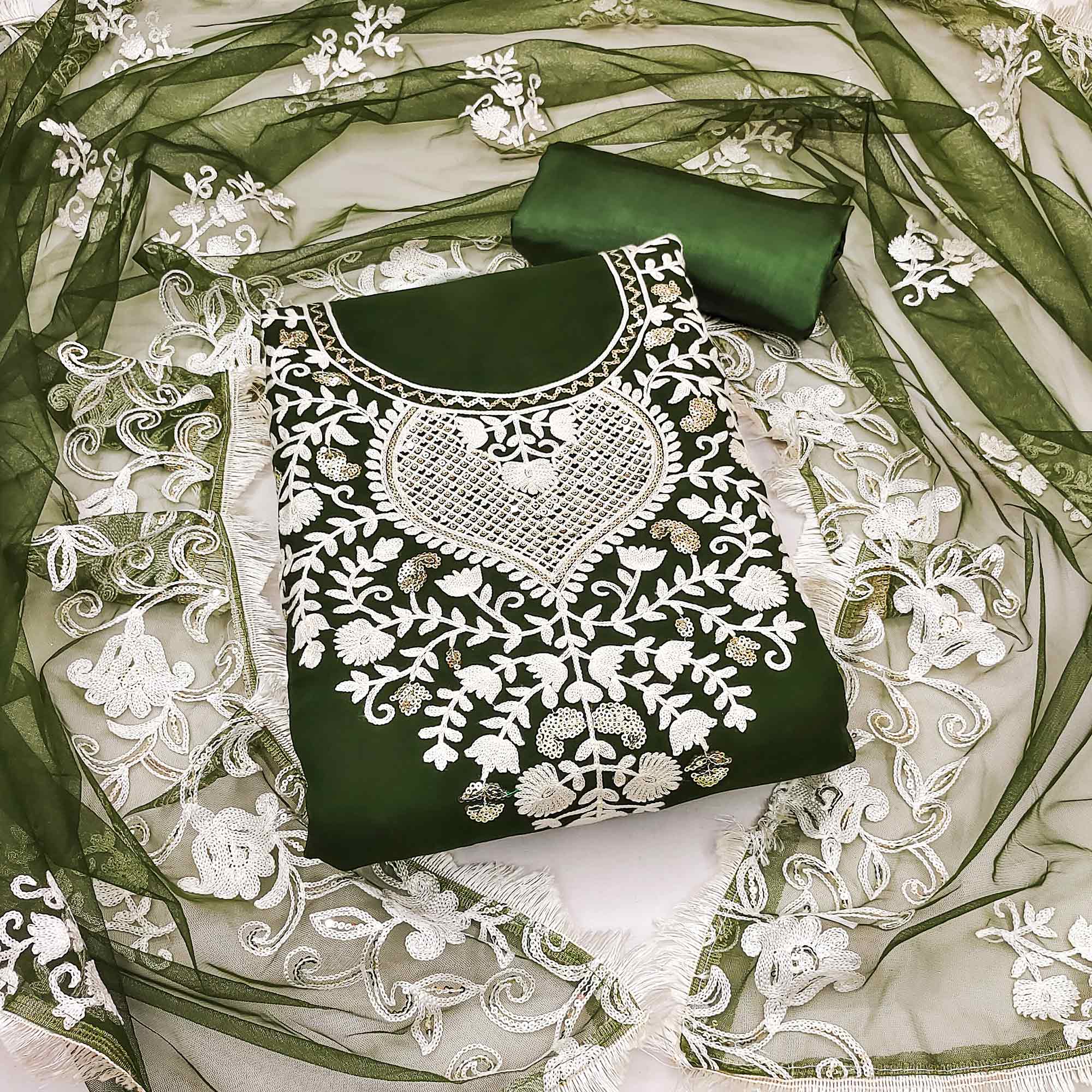 Mehandi Green Floral Embroidered Georgette Dress Material