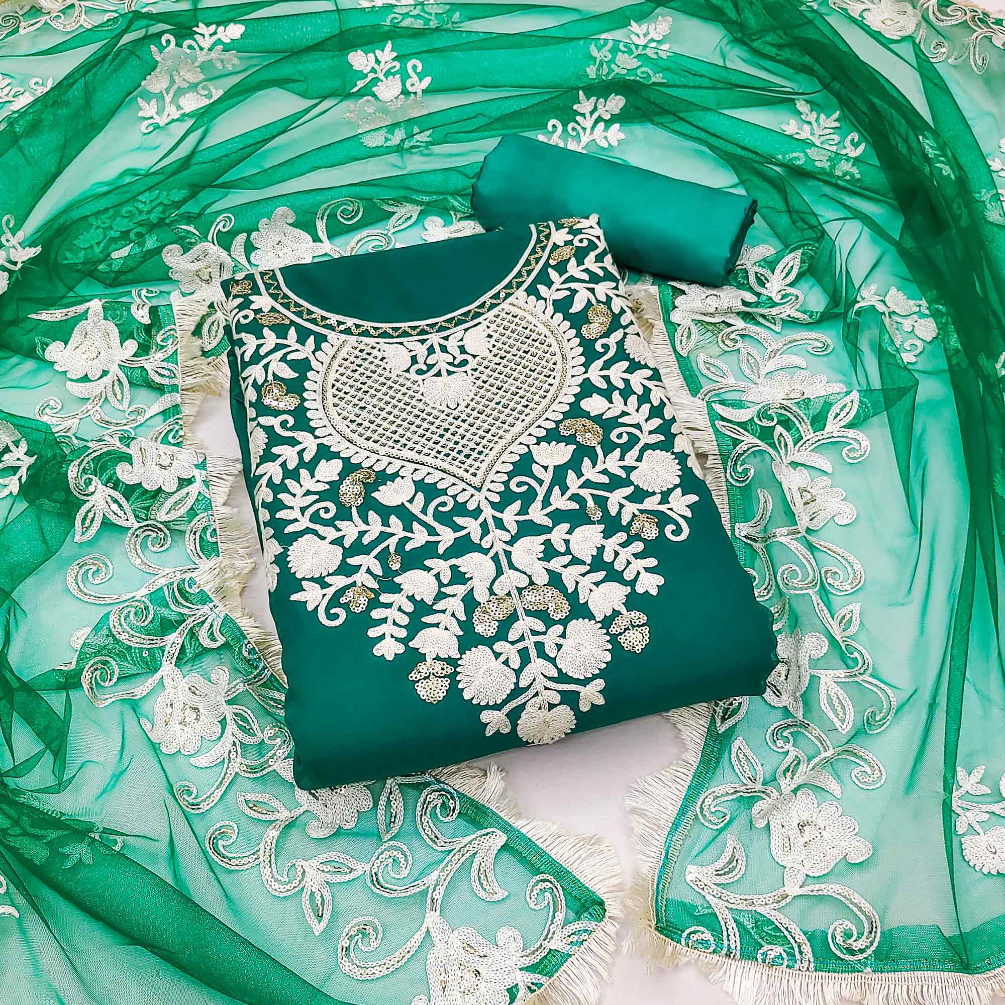 Teal Green Floral Embroidered Georgette Dress Material