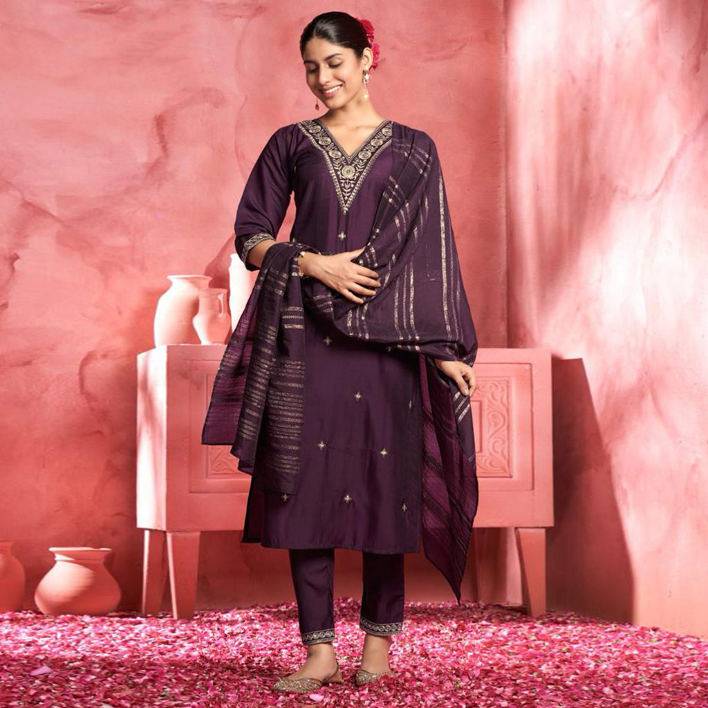 Mauve Wine Silk premium 3 pcs Salwar set