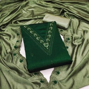 Green Floral Emboidered Vichitra Silk Dress Material