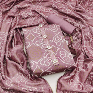 Mauve Bandhani Printed Vichitra Silk Dress Material
