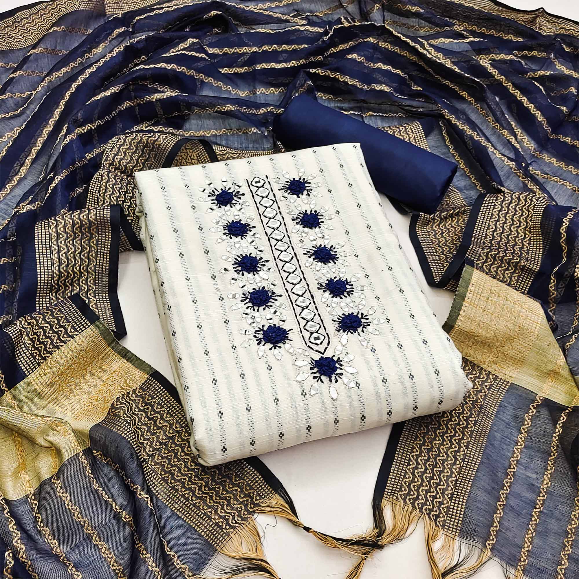 White & Blue Floral Woven Pure Cotton Dress Material