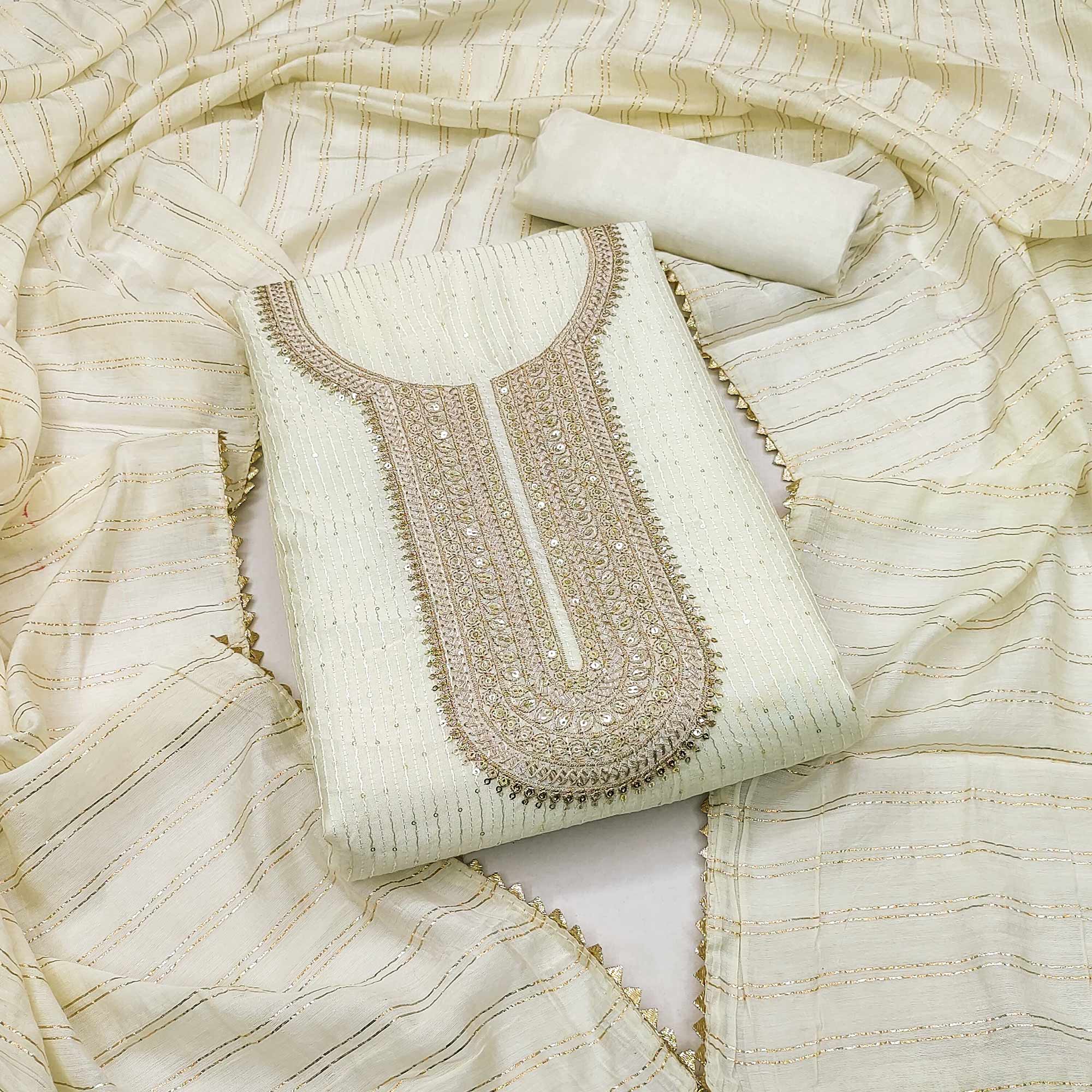 Off White Embroidered Chanderi Dress Material