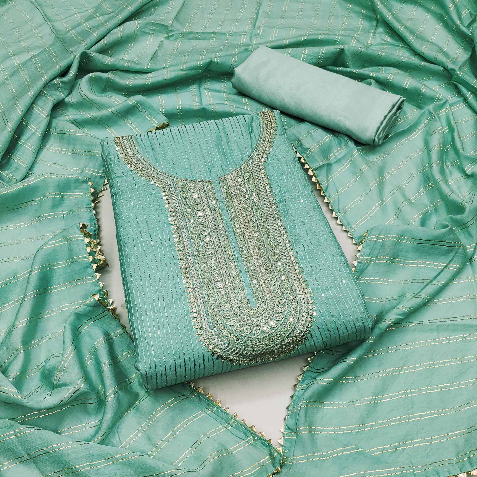 Turquoise Embroidered Chanderi Dress Material