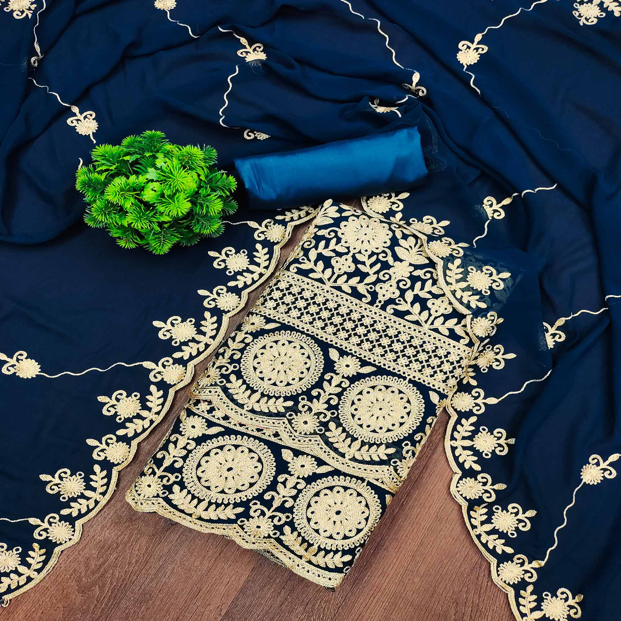 Teal Floral Embroidered Georgette Dress Material