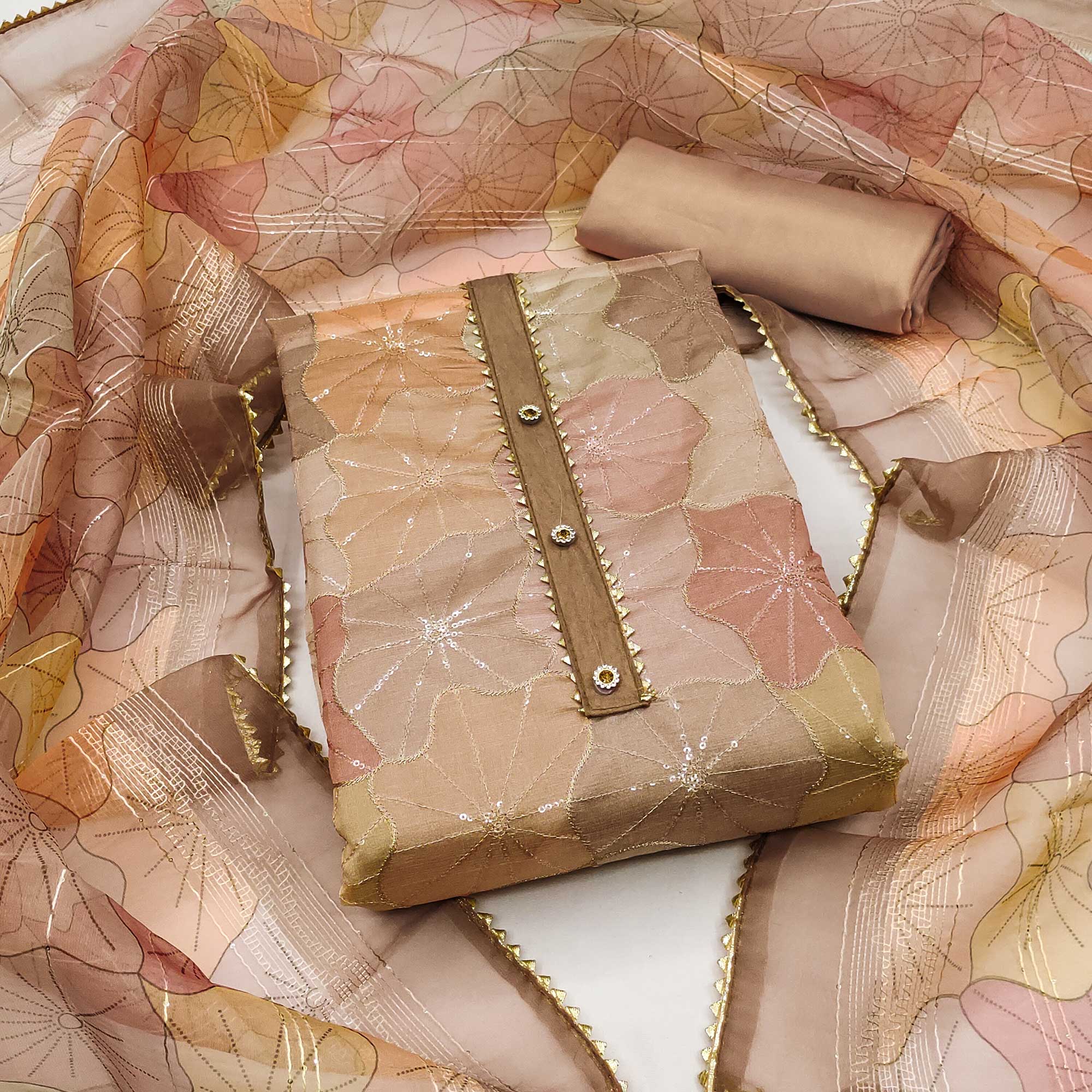 Chikoo Embroidered Organza Dress Material