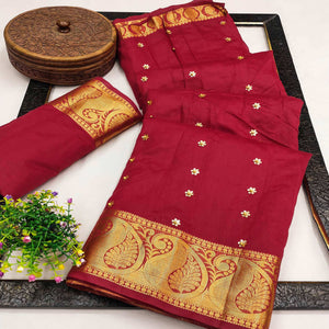 Maroon Woven Chanderi Saree With Tassels