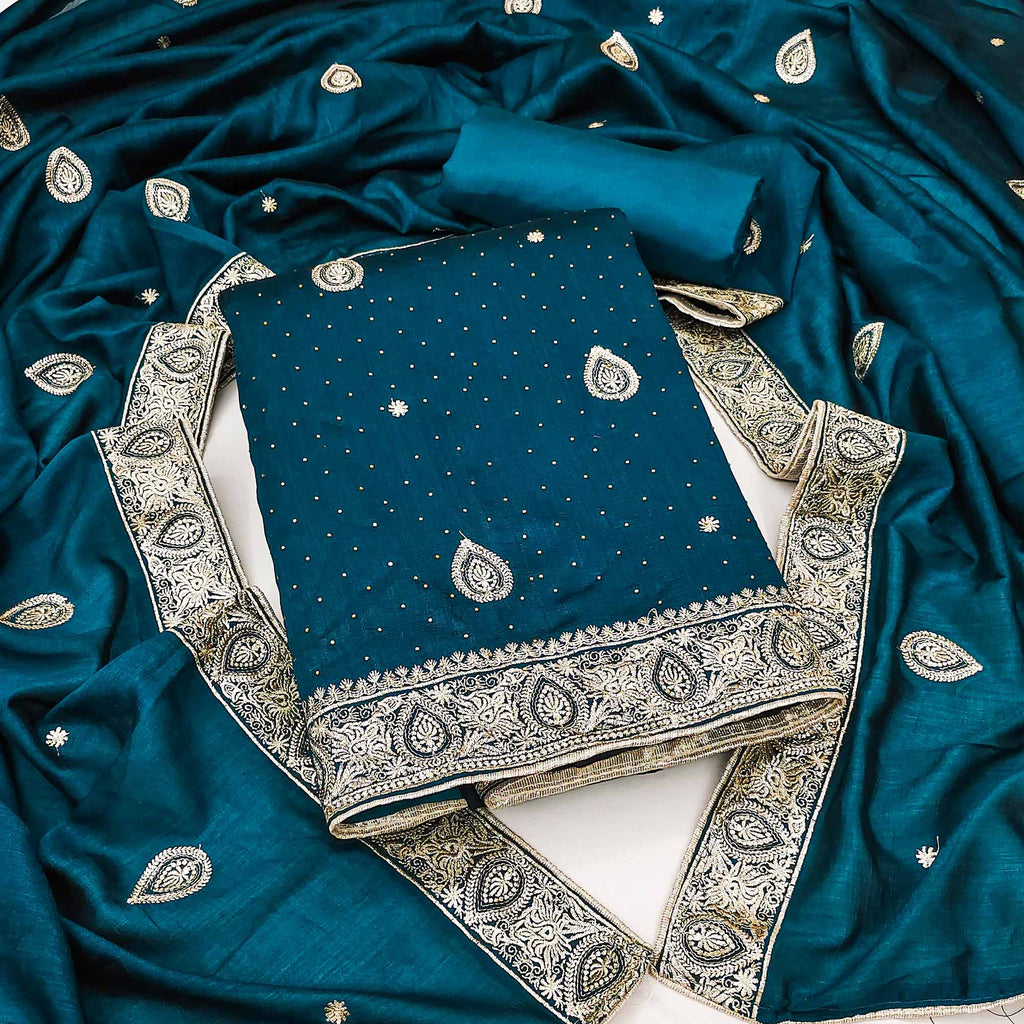Girls Teal Vichitra Silk Party Dress with Gold Border main image 1