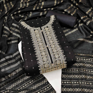 Black Butti With Embroidered Chanderi Silk Dress Material