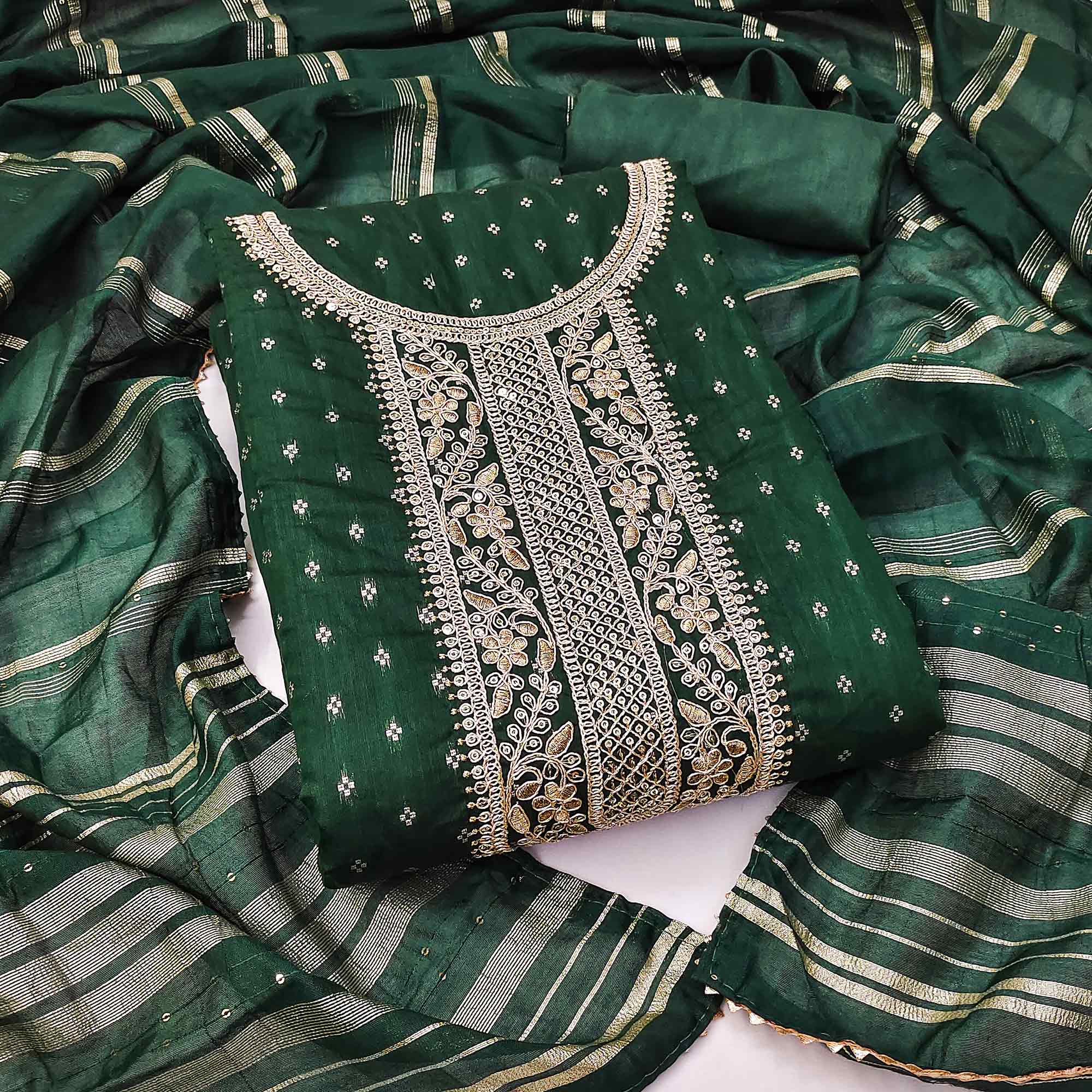 Green Butti With Embroidered Chanderi Silk Dress Material