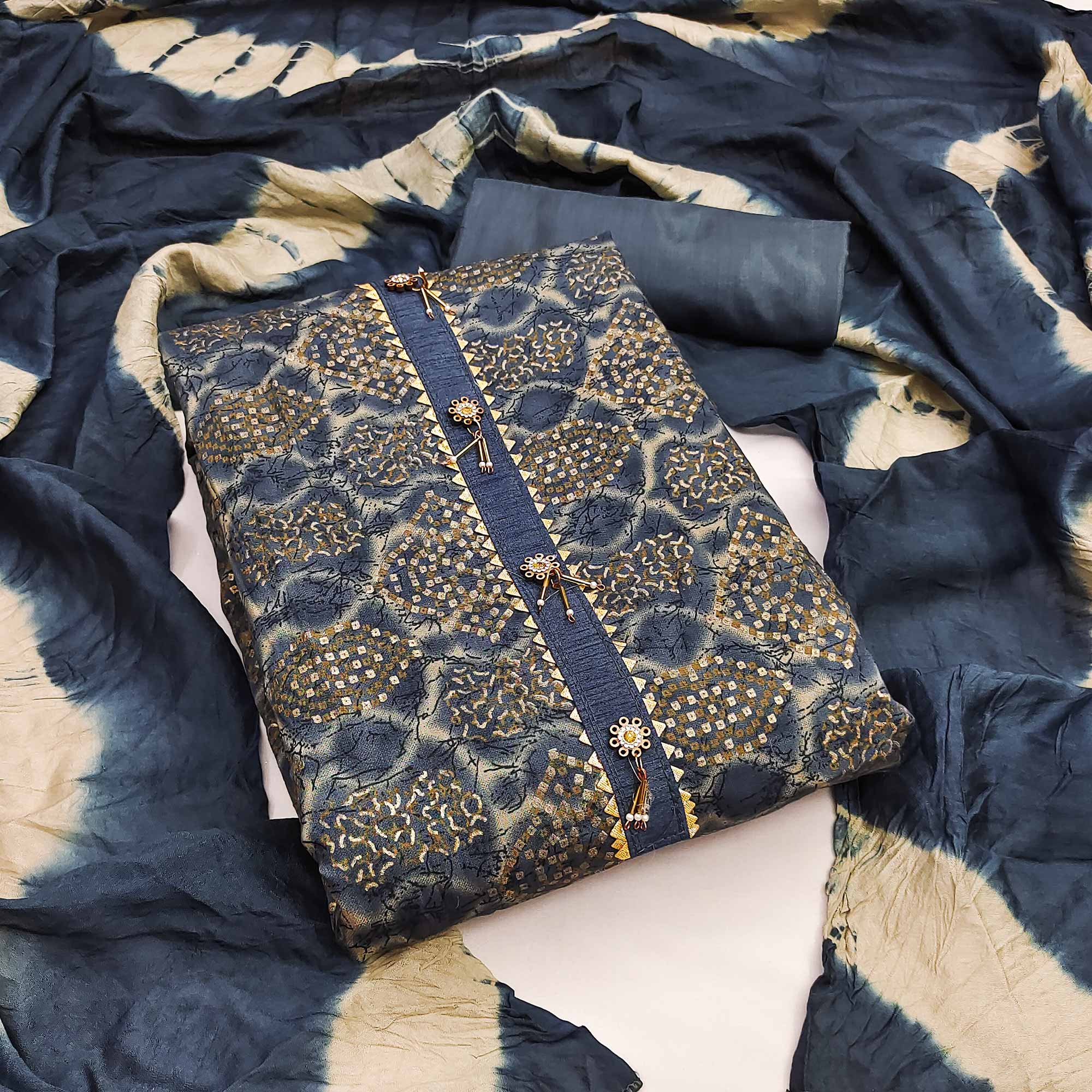 Blue Bandhani Printed Viscose Dress Material