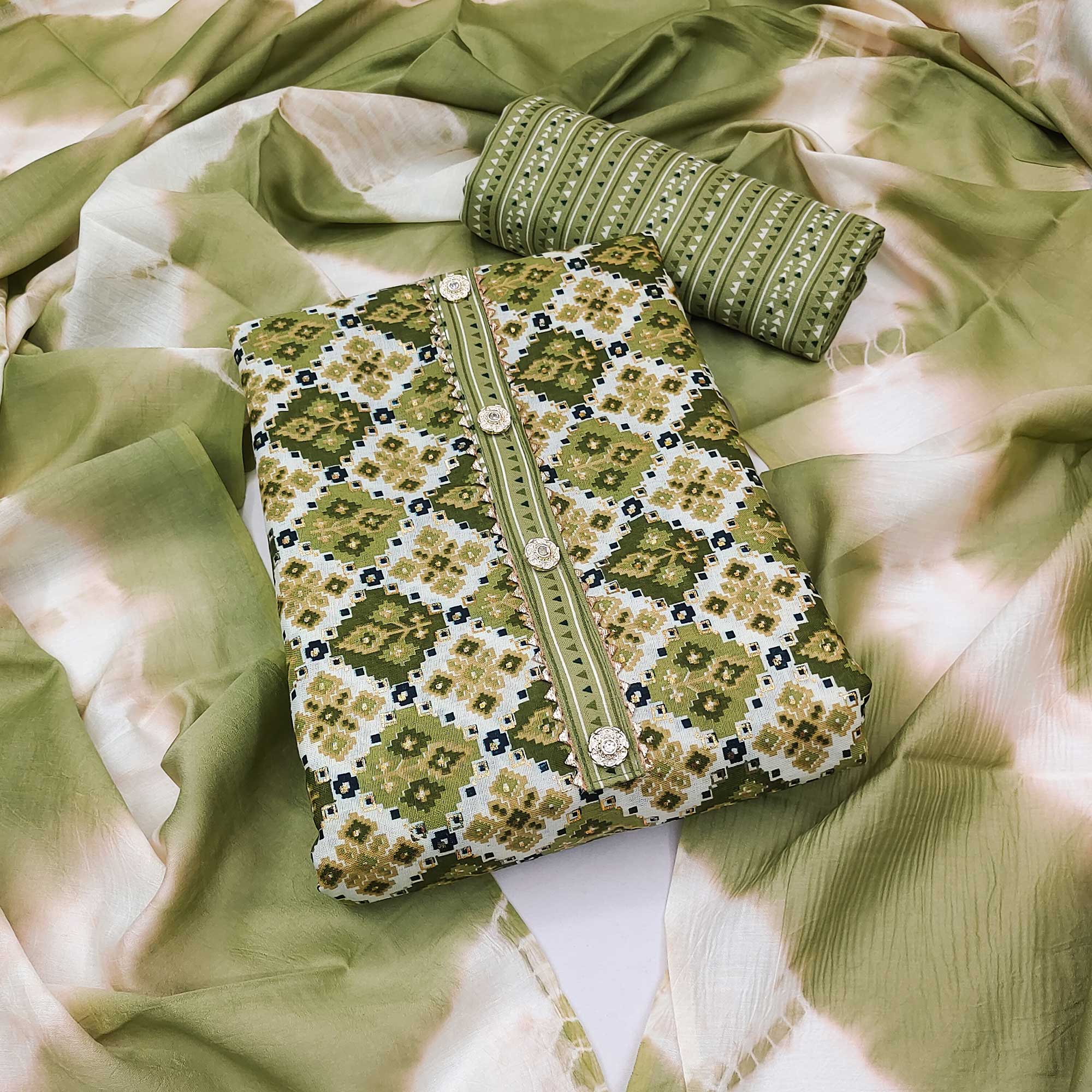 Green Foil Printed Cotton Blend Dress Material