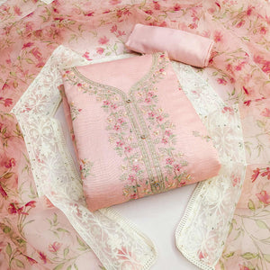 Peach Floral Embroidered Chanderi Silk Dress Material