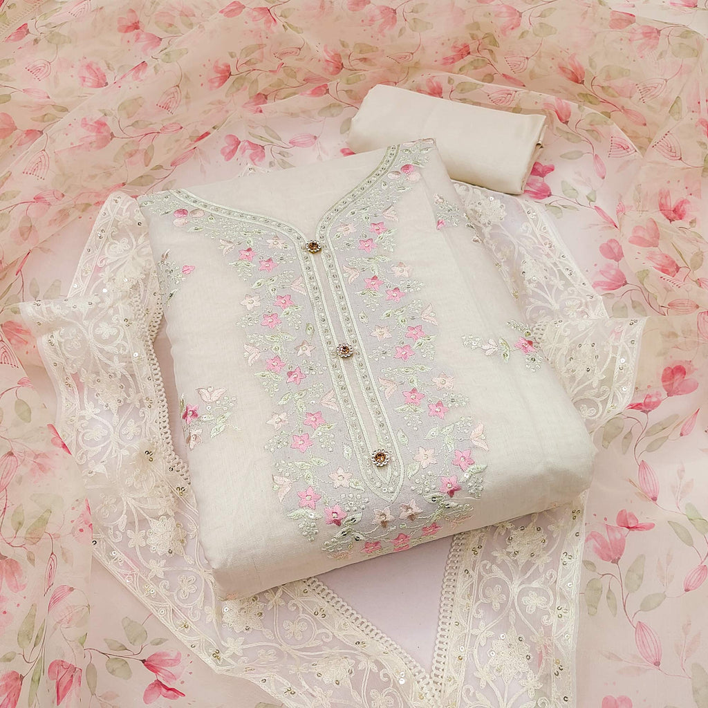 White - 3pc Handloom Zari Buti Unstitched Chanderi Silk Dress Material 01