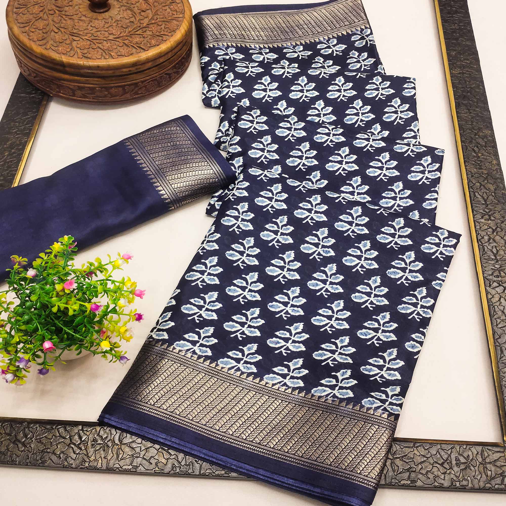 Blue Floral Printed Dola Silk Saree