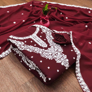 Maroon Floral Embroidered Georgette Dress Material