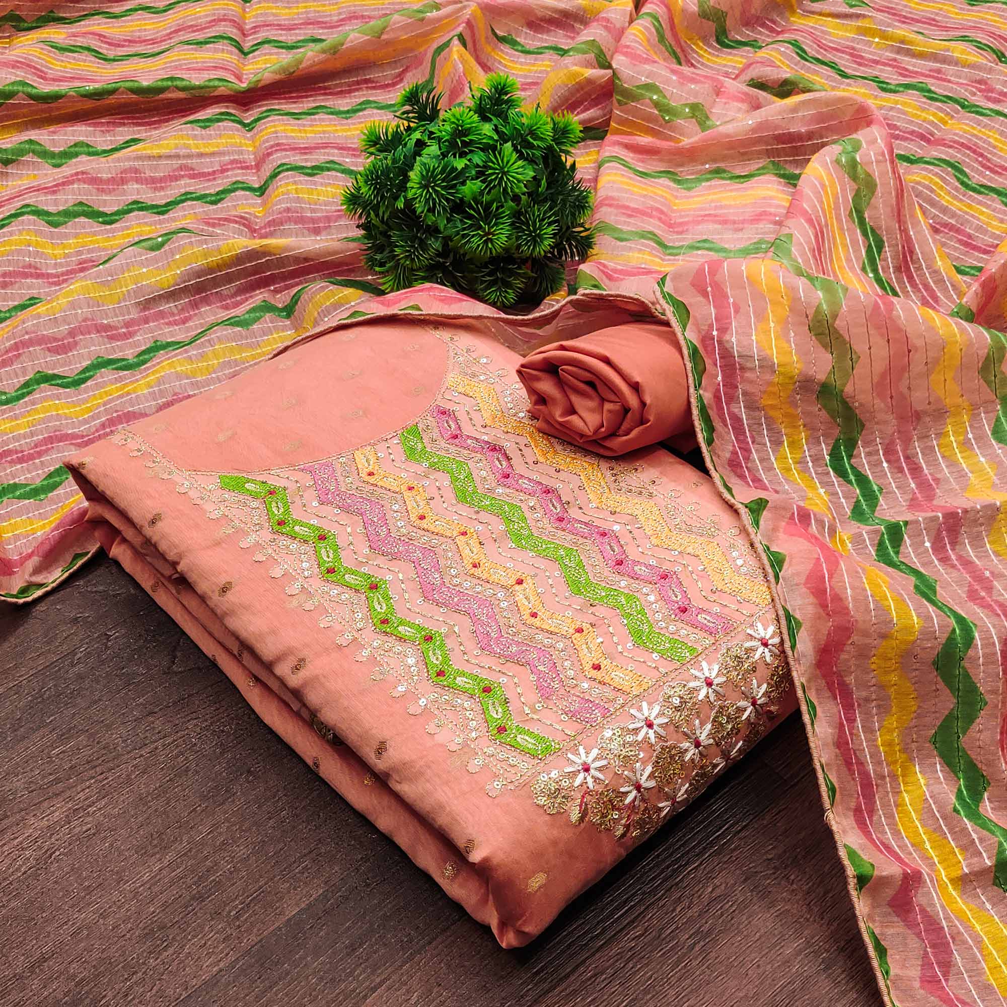 Peach Woven Chanderi Dress Material