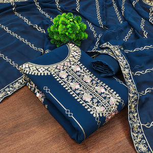 Blue Embroidered Georgette Dress Material