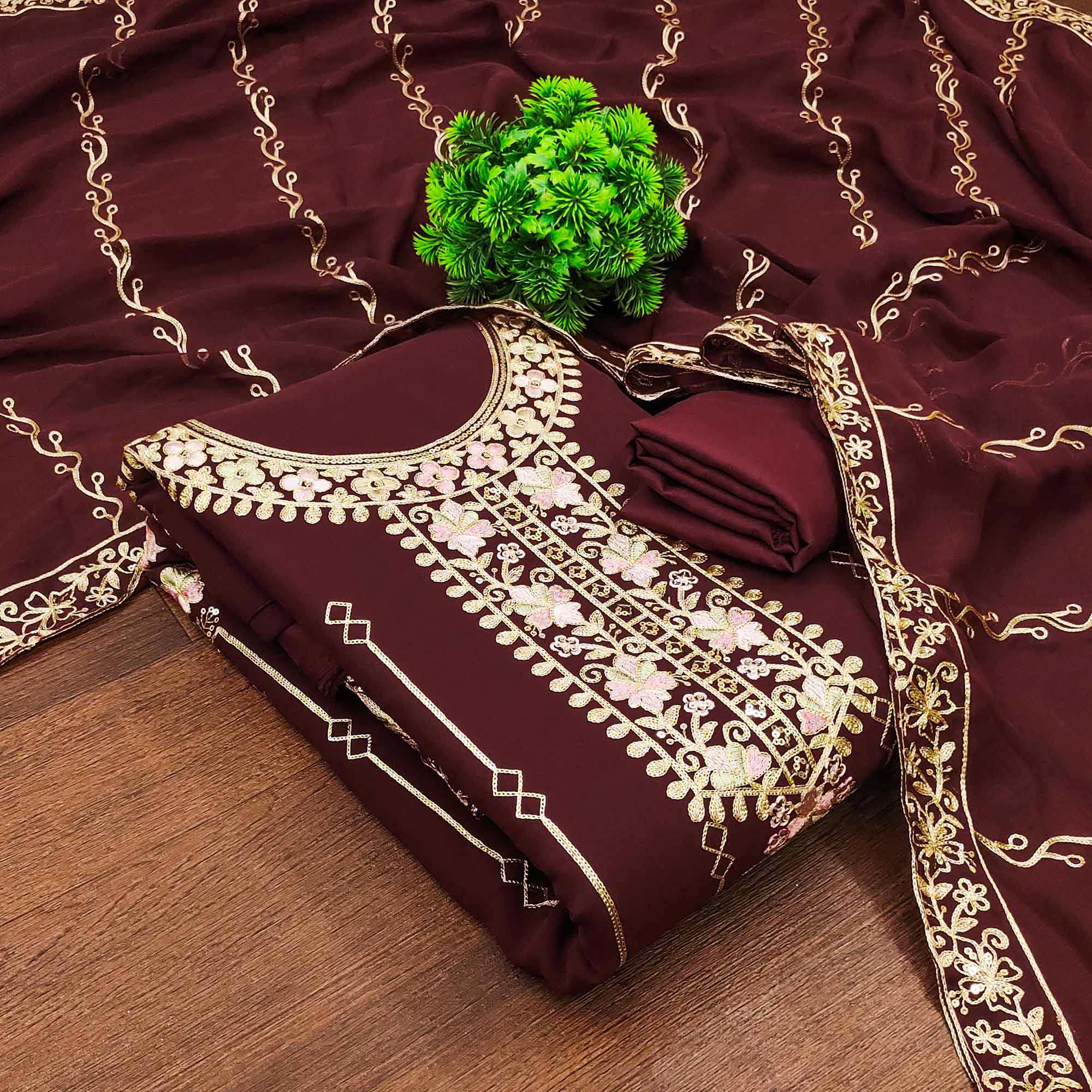 Dark Brown Embroidered Georgette Dress Material