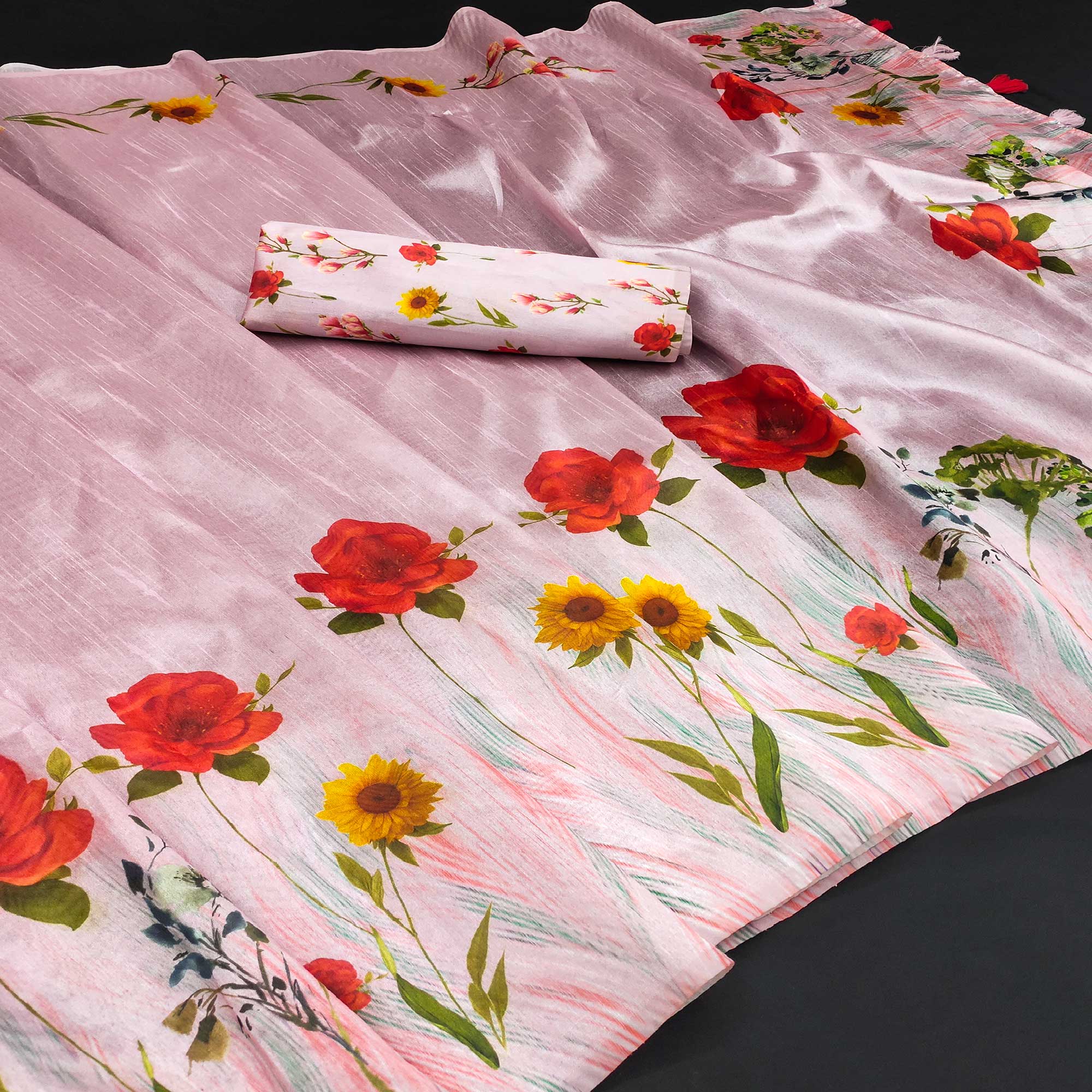 Pink Floral Digital Printed Assam Silk Saree With Tassels