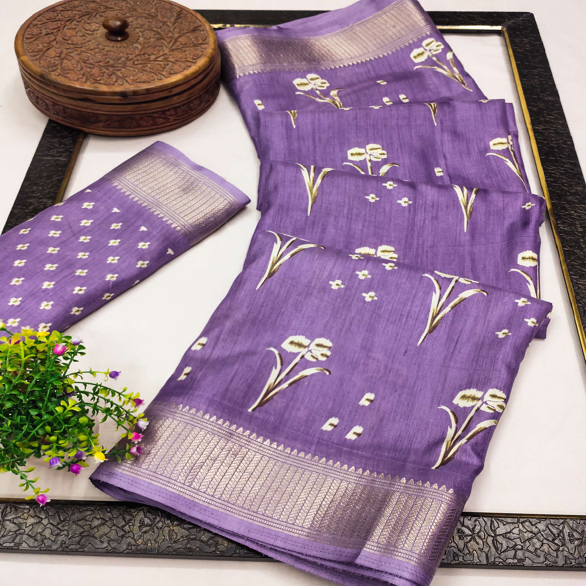 Buy Lavender Purple Saree In Dola Silk With Silver Zari Floral