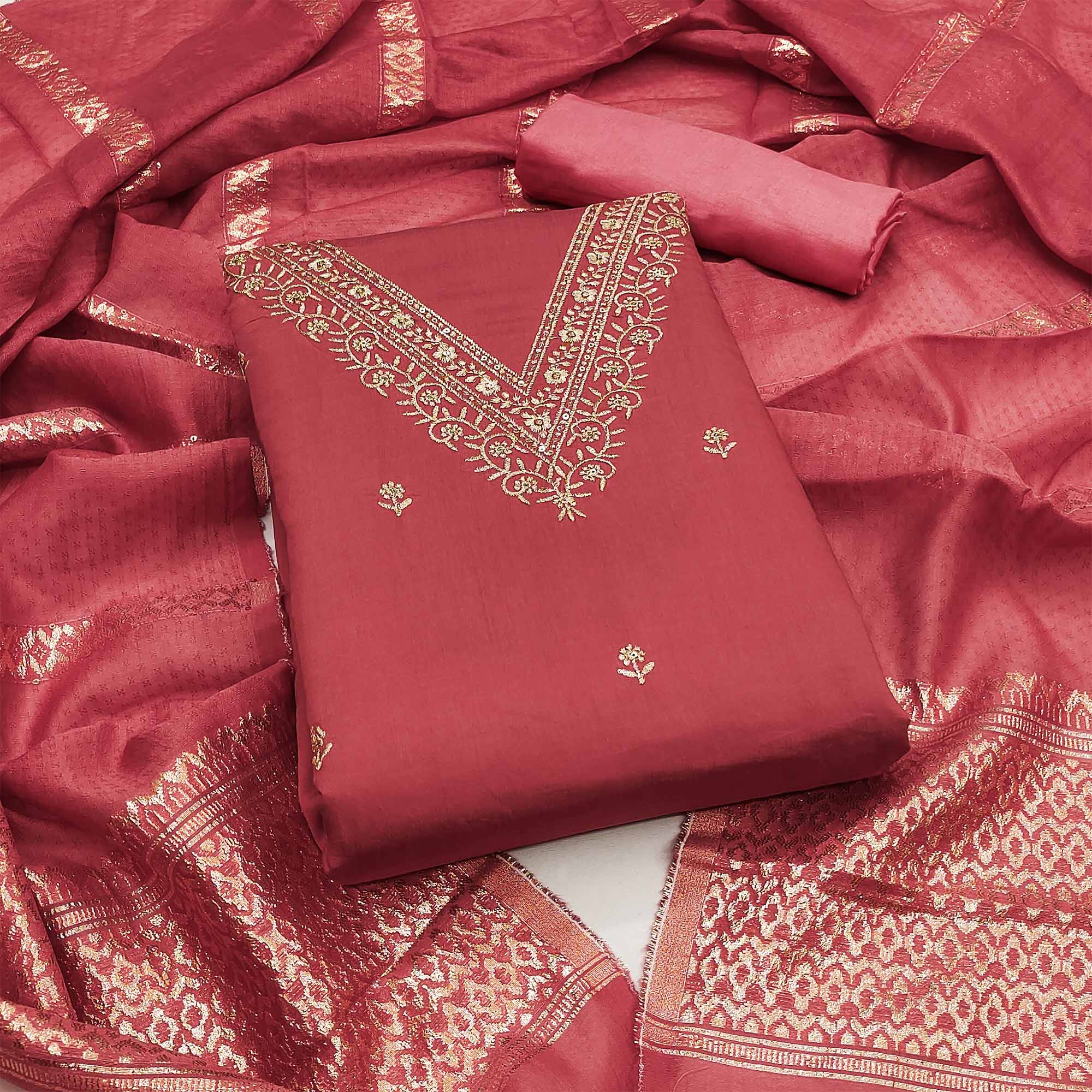 Pink Floral Embroidered Viscose Dress Material