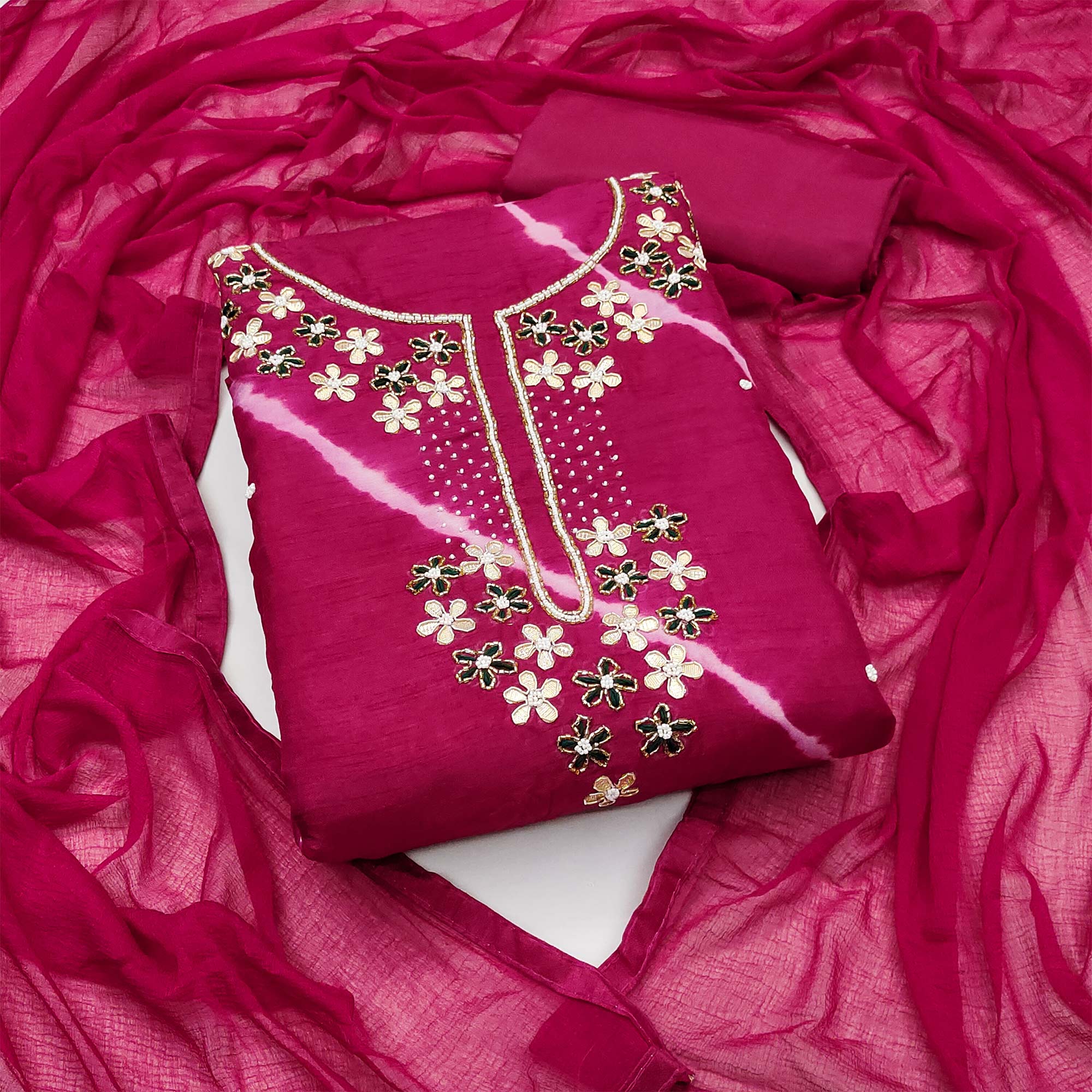 Pink Handwork Embroidery With Leheriya Printed Viscose Dress Material